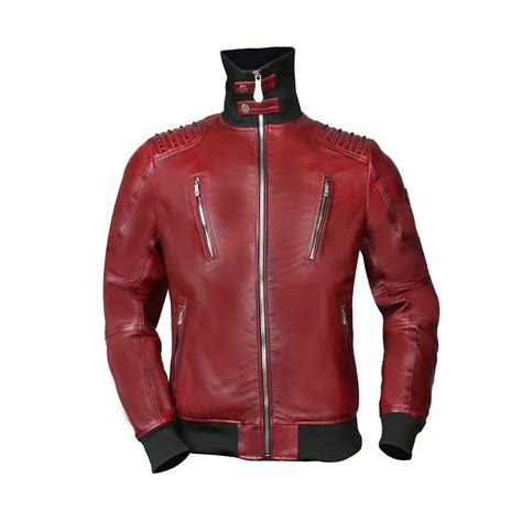 Black Studded Turtle Ribbed Collar Red Genuine Leather Jacket With Met