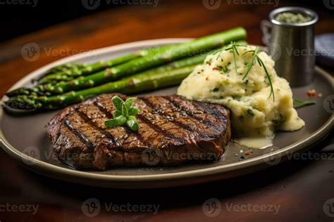 AI generated Grilled ribeye steak steak with asparagus and mashed ...