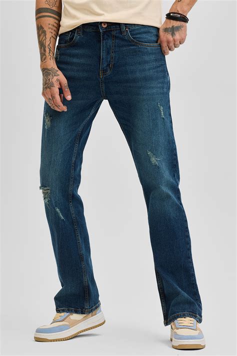Buy Men's Dark Blue Distressed Bootcut Jeans Online | Snitch – SNITCH
