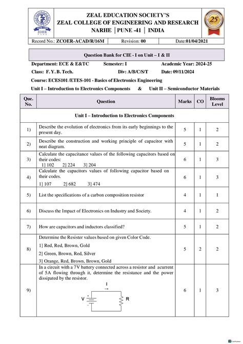 BXE Question Bank Unit I & II - ZEAL EDUCATION 25 ZEAL COLLEGE OF ...