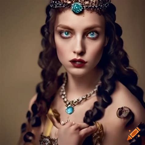 Bavarian Middle Age princess with black hair and yellow eyes adorned in ...