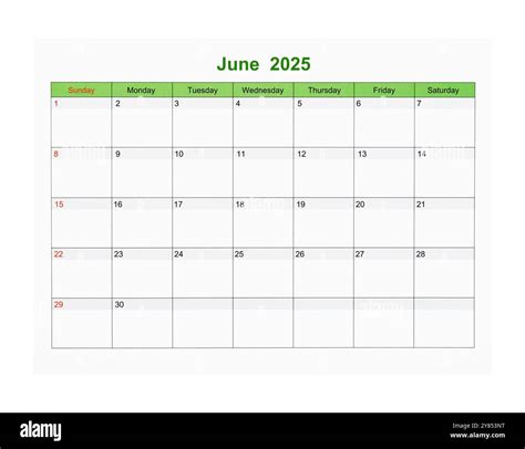 June 2025 Calendar page for 2025 year isolated on white background ...