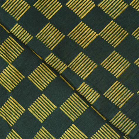 Pure Cotton Akola Dabu Dark Green With Yellow Intricate Line Design Ha ...