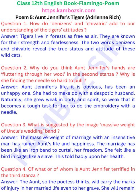 Class 12 flamingo Book Poem 5: Aunt Jennifers Tigers (Adrienne Rich ...