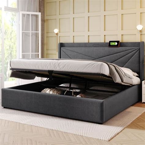Lit coffre 180x200 cm avec chargement USB type C - structure de lit double avec sommier à lattes ...