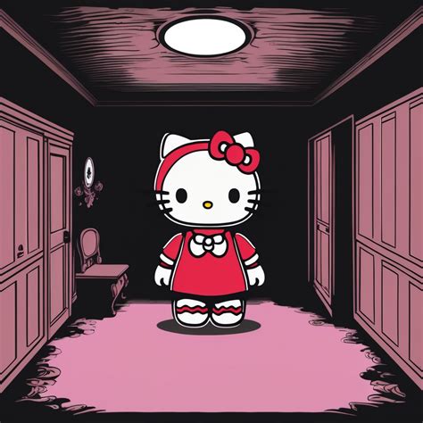 Scary demon Hello Kitty in dark room