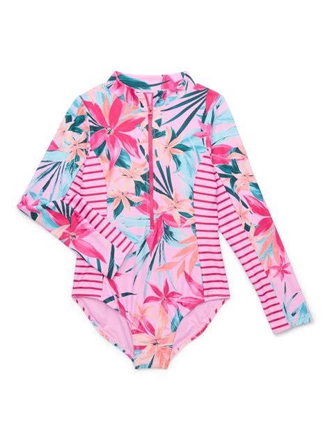 Jessica Simpson Toddler Girl Long- Sleeve One-Piece Zip Swimsuit with ...