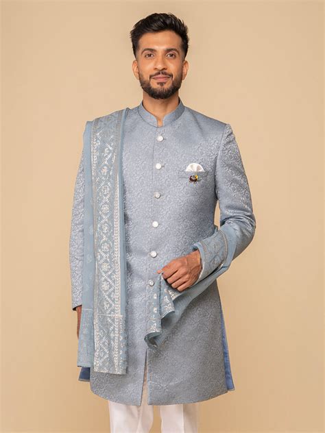 Sea Blue Mandarin Collar Achkan – Neumen
