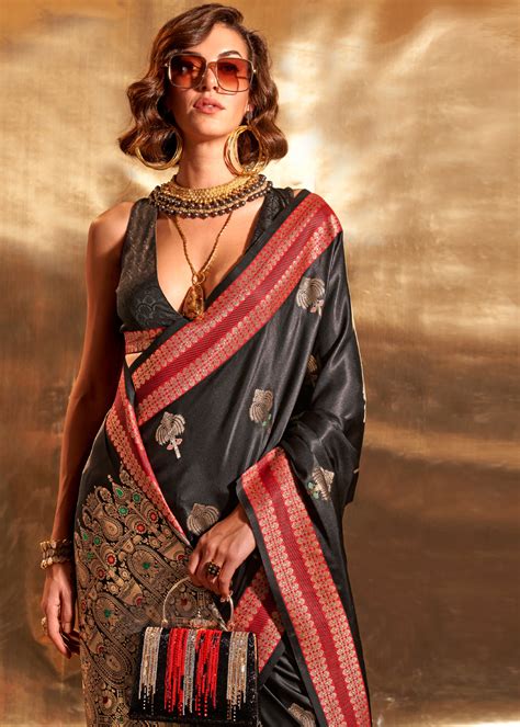 Buy Merlin Black Woven Banarasi Satin Silk Saree Online - MySilkLove