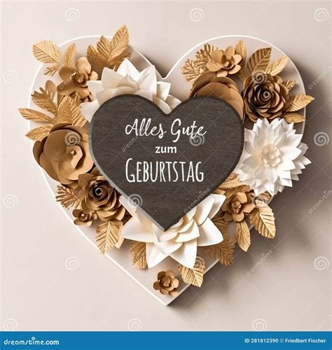 A Heart Board With Paper Flowers. Greeting Alles Gute Zum Geburtstag ...