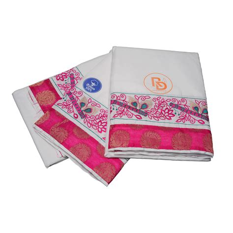Rani Pink Border Cotton Dhoti(10 x 6) Set for Men with Embroidered Upa ...