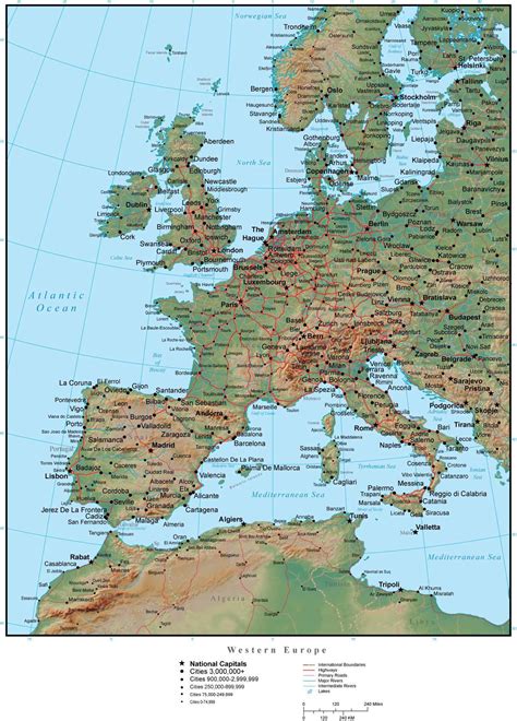Western Europe Terrain map in Adobe Illustrator vector format with ...
