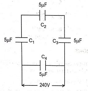 A network of four capacitors 5μF each are connected to a 240 V supply ...