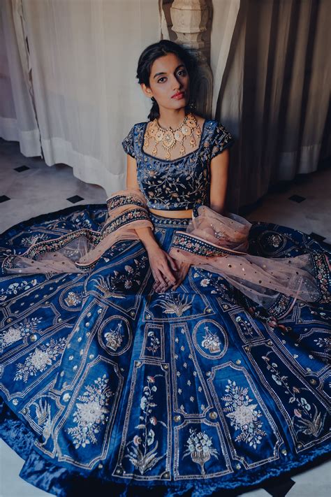 Indigo Silk Embroidered Lehenga Set – Ivory by Dipika