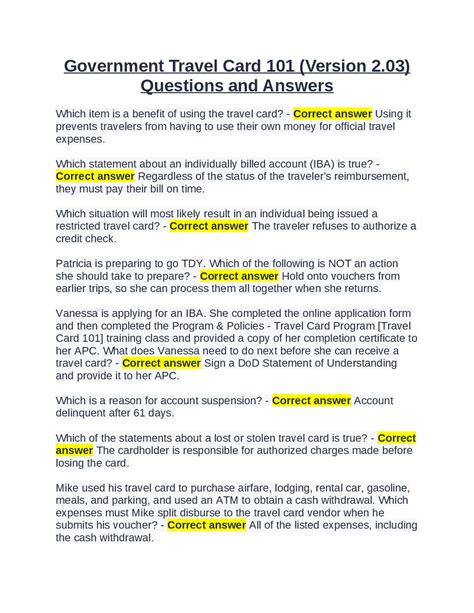 Government Travel Card 101 (Version 2.03) Questions and Answers | Exams ...