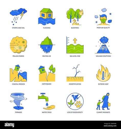 Extreme weather events flat icon set. Effects of global temperature rising, climate change ...
