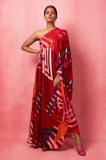 Buy Multi Color Satin One Shoulder Abstract Print Flared Dress For ...