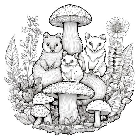 A black and white illustration of a squirrel family surrounded by ...