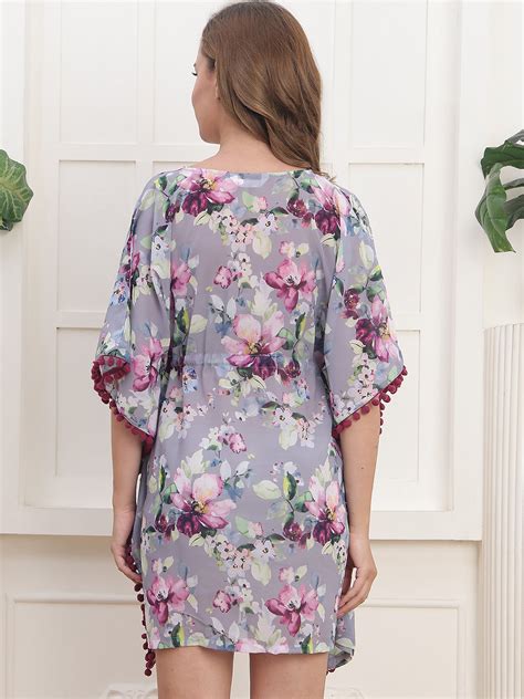 Grey Color Floral Printed Georgette Swimwear Cover up Top For Woman