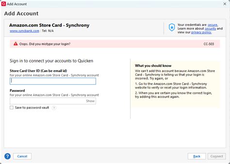 CC-503 after resetting Amazon Card account - synchrony. - Quicken