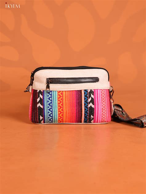 jacquard Geometric Leather Printed Sling Bag with 3 Compartments - Mul