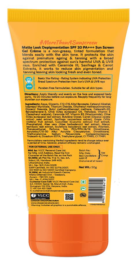 VLCC Matte Look Depigmentation SPF 30 PA+++ Sunscreen Gel Creme, 50 gm ...