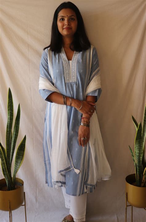 Serenity Sky - Cotton Kurta Set with Chiffon Dupatta – SUTI HOUSE