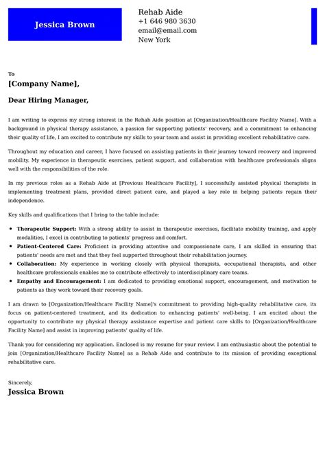 Rehab Aide Cover Letter Examples - US Format and Tips