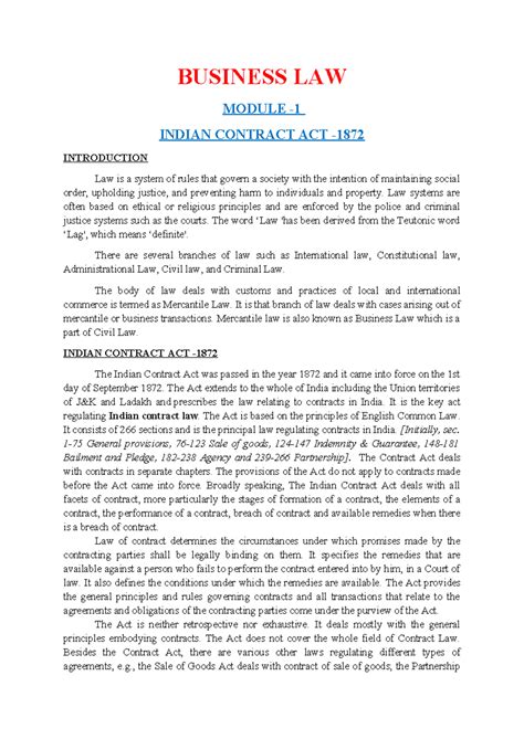 1. Indian Contract ACT 1872, Introduction - BUSINESS LAW MODULE ...