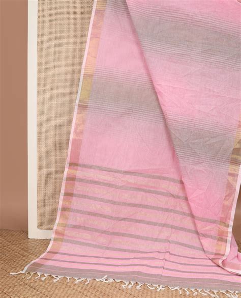 Pink & grey-color striped jute cotton saree, zari border & pallu of st