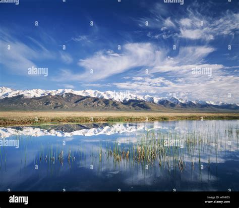 NEVADA. USA. Cirrus clouds above Ruby Mountains & slough along Franklin ...