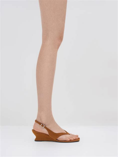 Faux Suede Slingback Thong Wedges - Cognac - CHARLES & KEITH IN