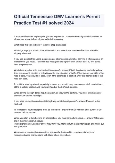 Official Tennessee DMV Learner's Permit Practice Test #1 solved 2024 ...