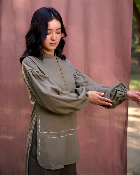 Kantha Embroidered Bishop Sleeves Top - Earthy Olive – Skaasa Clothing ...