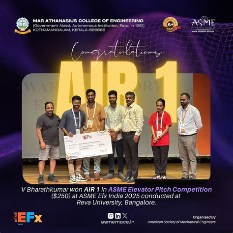 V Bharathkumar Secures AIR 1 in ASME Elevator Pitch Competition