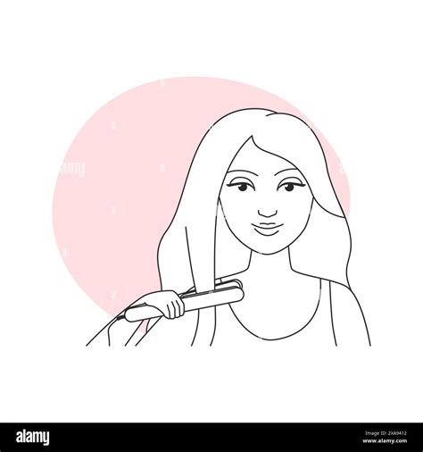 Girl straightening curly hair by heating, using hair straightener ...