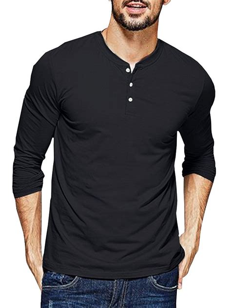 Mens Henley T-Shirts Long Sleeve Crew Neck With Button Slim Fit Plain ...