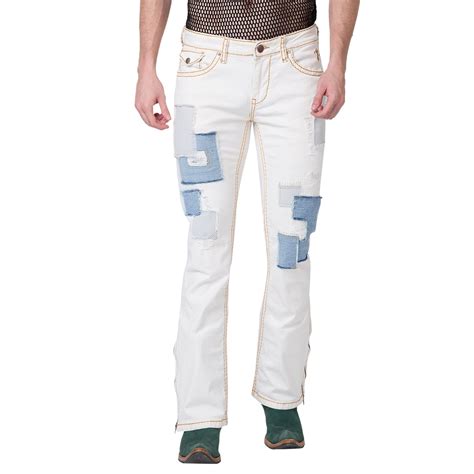 Mens White Boot-cut Slim Fit Jeans With Saddle Stitch Strechable, Bott ...