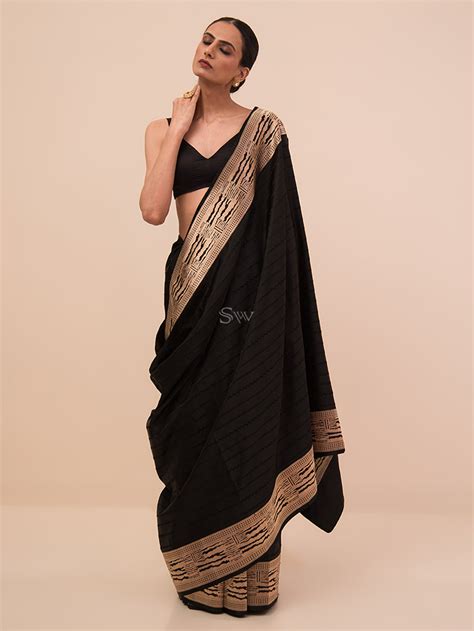 Black Stripe Satin Tanchoi Handloom Banarasi Saree - Sacred Weaves ...