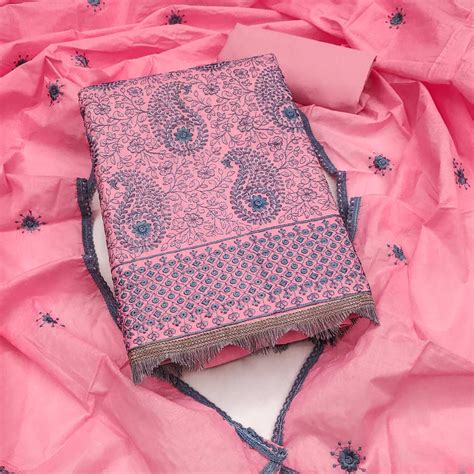 Pink Dress Material In Cotton Blend With Graceful Floral Thread Embroi