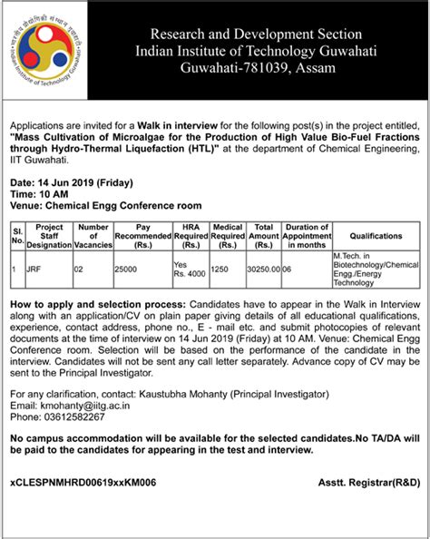IIT Guwahati Bio-Fuel Production JRF Walk INs 2019 June