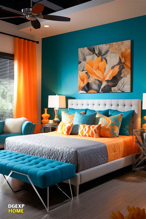 Deep Teal and Sunburst Orange Bedroom: Vibrant Modern Coastal Breeze ...