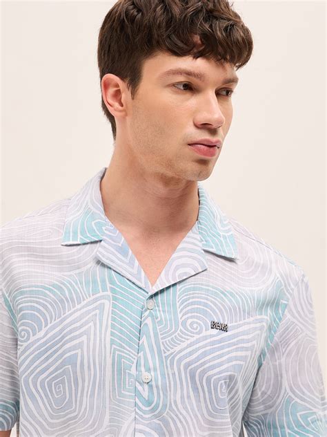 Shop Multicolor Geometric Abstract Print Relaxed Fit Cuban Collar Shirt ...