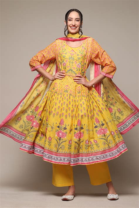 Yellow Cotton Anarkali Kurta Palazzo Suit Set
