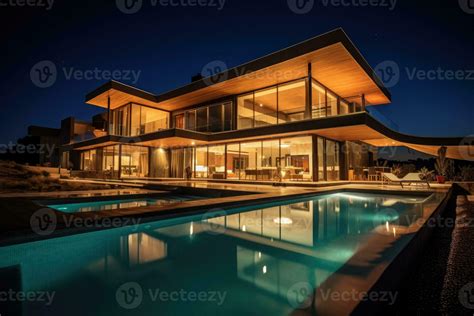 Large modern house with lighting and swimming pool at night. Generative ...