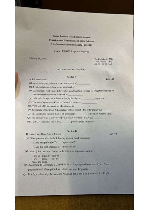 ENG452 Final Exam Paper 2025: Linguistic Typology Questions - Studocu