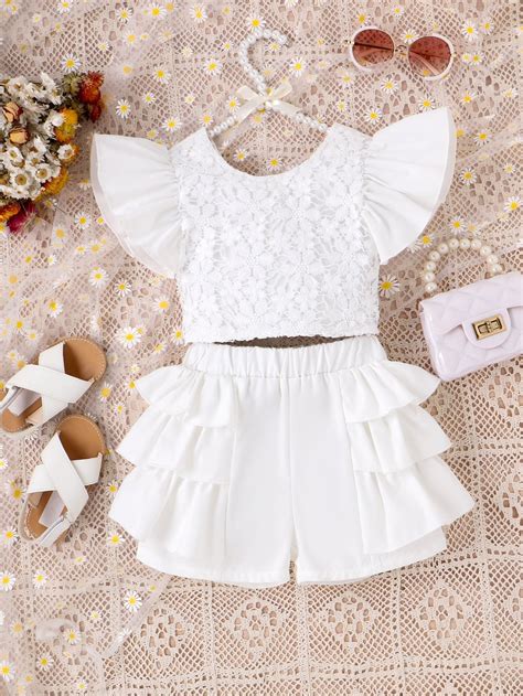 Toddler Girls Contrast Lace Butterfly Sleeve Top & Layer Trim Shorts ...
