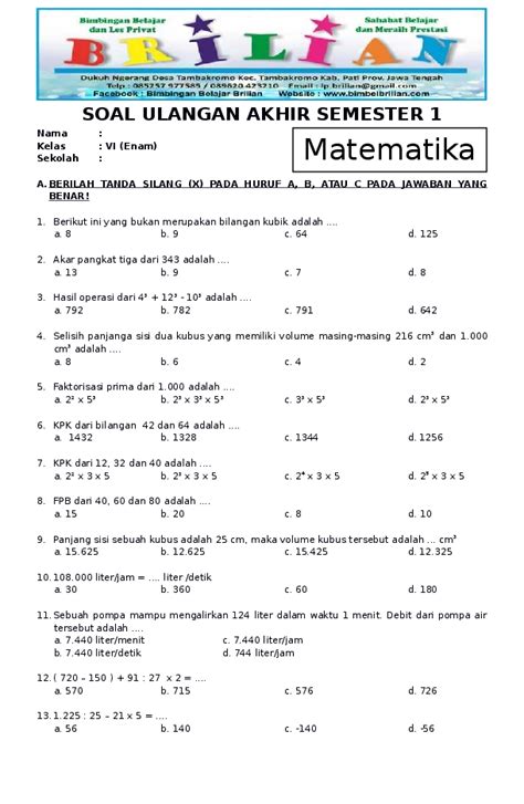 Kisi-Kisi Soal Ujian Matematika Kelas 6 dan Kunci Jawaban: Latihan Sukses UN!