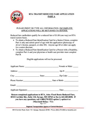 Fillable Online marylandtransit RTA TRANSIT REDUCED FARE APPLICATION ...