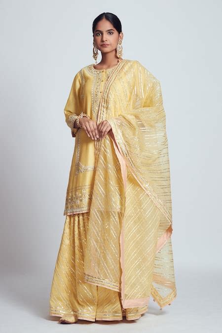 Buy Yellow Kurta And Gharara Chanderi Silk Dupatta Organza Round ...